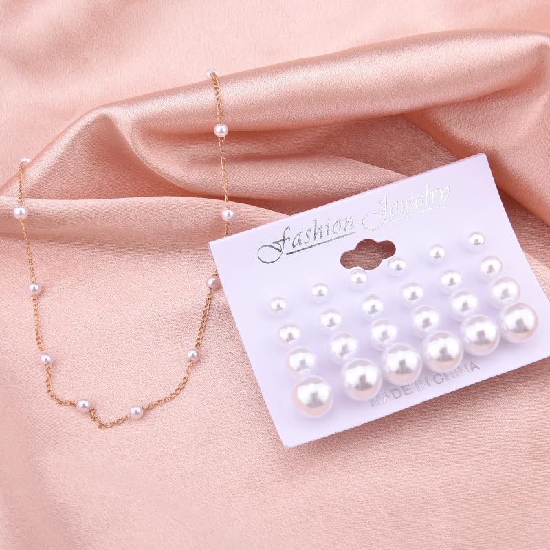 Image of Pearl Earring Stud Pearl Necklace Choker for Bride Wedding Earring Necklace