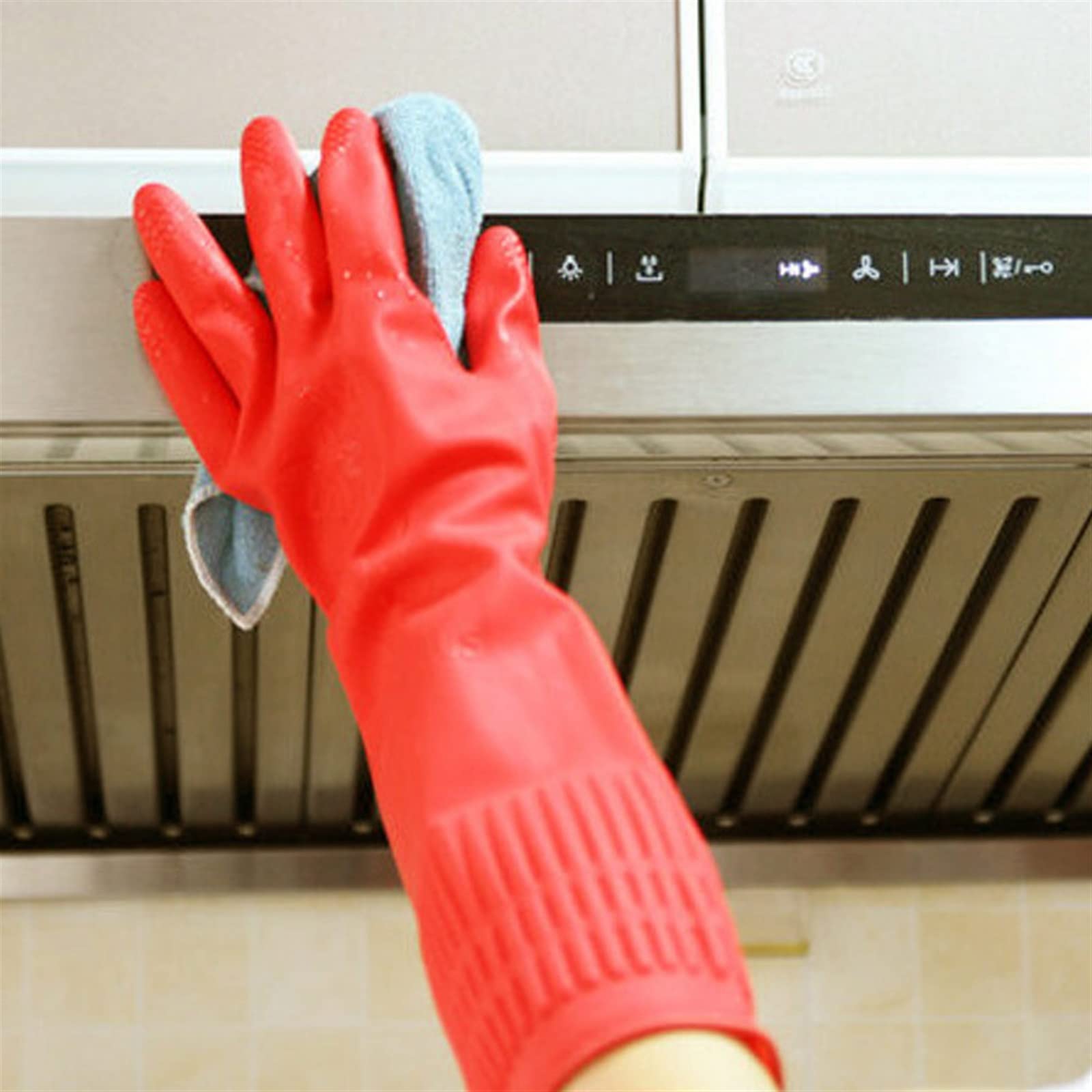 Guantes domésticos de lavado de caucho impermeable Kitchen Waterproof Long Sleeved Gloves Rubber Latex Gloves For Washing Dishes(Rosso)