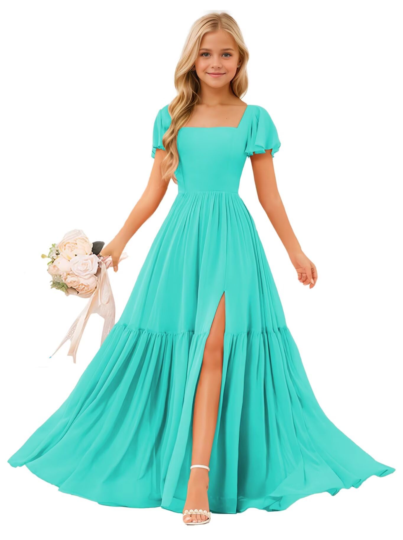 Junior Bridesmaid Dress Short Sleeve Chiffon Flower Girls Dresses for Wedding A Line Girls Pageant Gowns