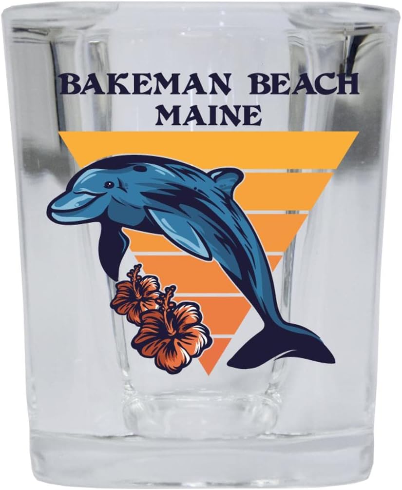 R and R Imports Bakeman Beach Maine Beach Souvenir 2 oz Square Base Shot Glass Dolphin Design 4-Pack