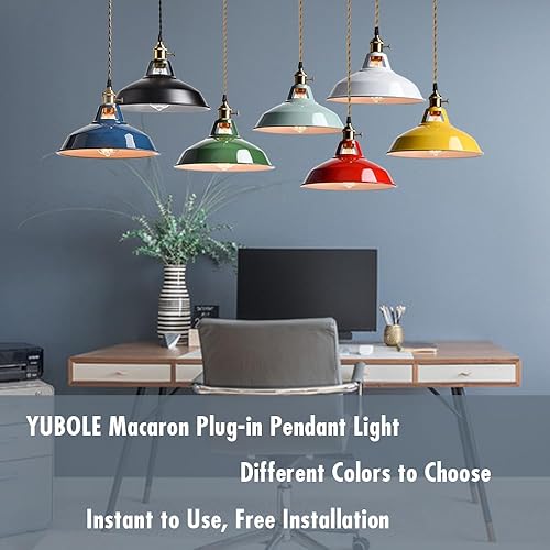 Miniatura 6 de YUBOLE Moderna lámpara colgante verde enchufable, iluminación colgante de macarons para cocina, pantalla de granero de metal con interruptor de