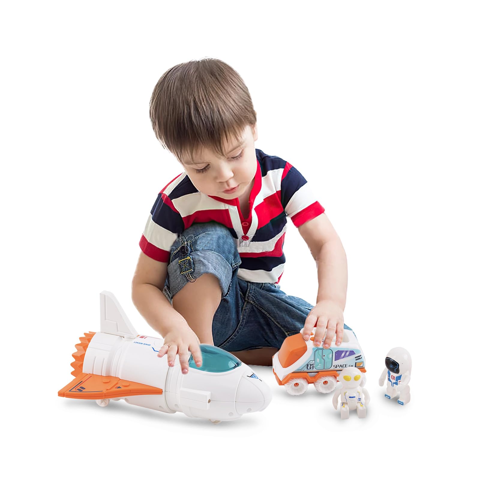 Yosamy Spaceship Toy for Boys, Space Shuttle Toys with Lights&Sound, 3 Astronauts Figure, Openable Cockpit, Spray Exhaust, Astro Venture Space Playset with Lunar Car (Orange)