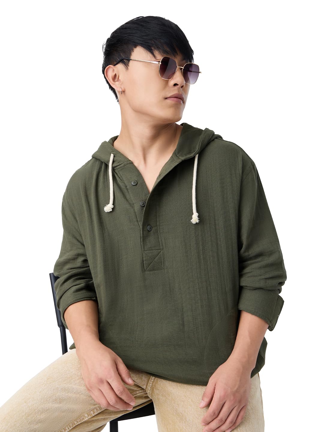 Cotton Gauze Hoodie: Storm Men and Boys Full Sleeves Hooded Neck Olive Green Solid Textured Cotton Oversized Fit Double Cloth Everyday All-Season Hoodie-image-42
