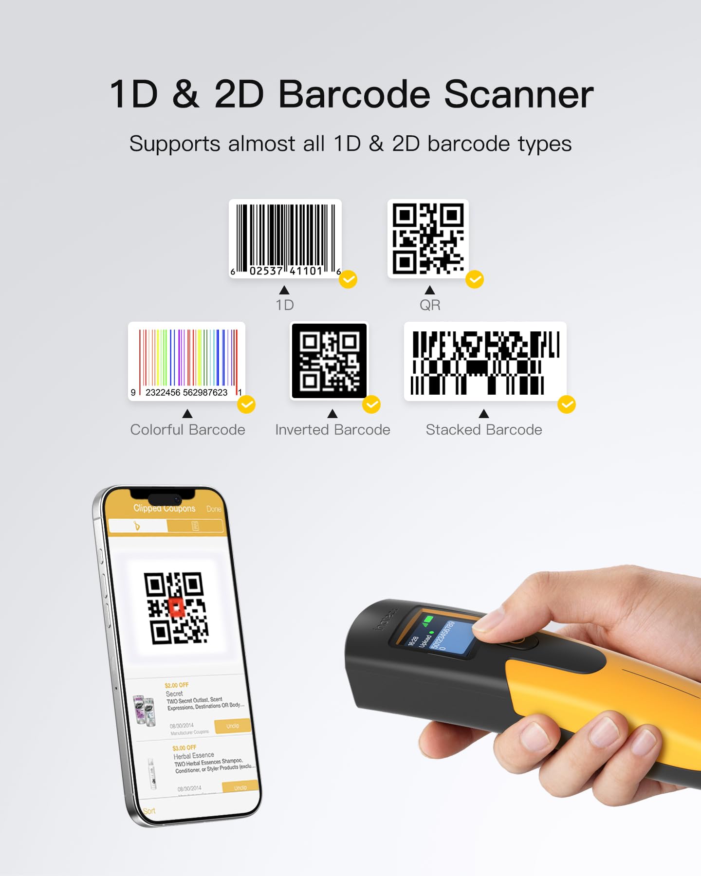 Inateck Barcode Scanner Kabellos 1D 2D, 2600 mAh, Bluetooth & USB & 2.4G Wireless, für PC Tablet Android iOS POS