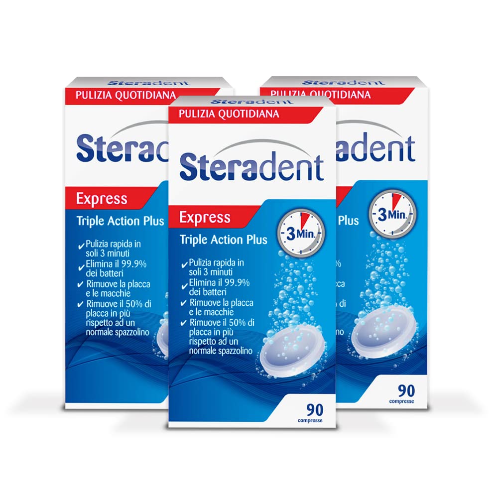 Steradent Triple Action Plus, 90 Compresse 3 Confezioni, Maxi formato