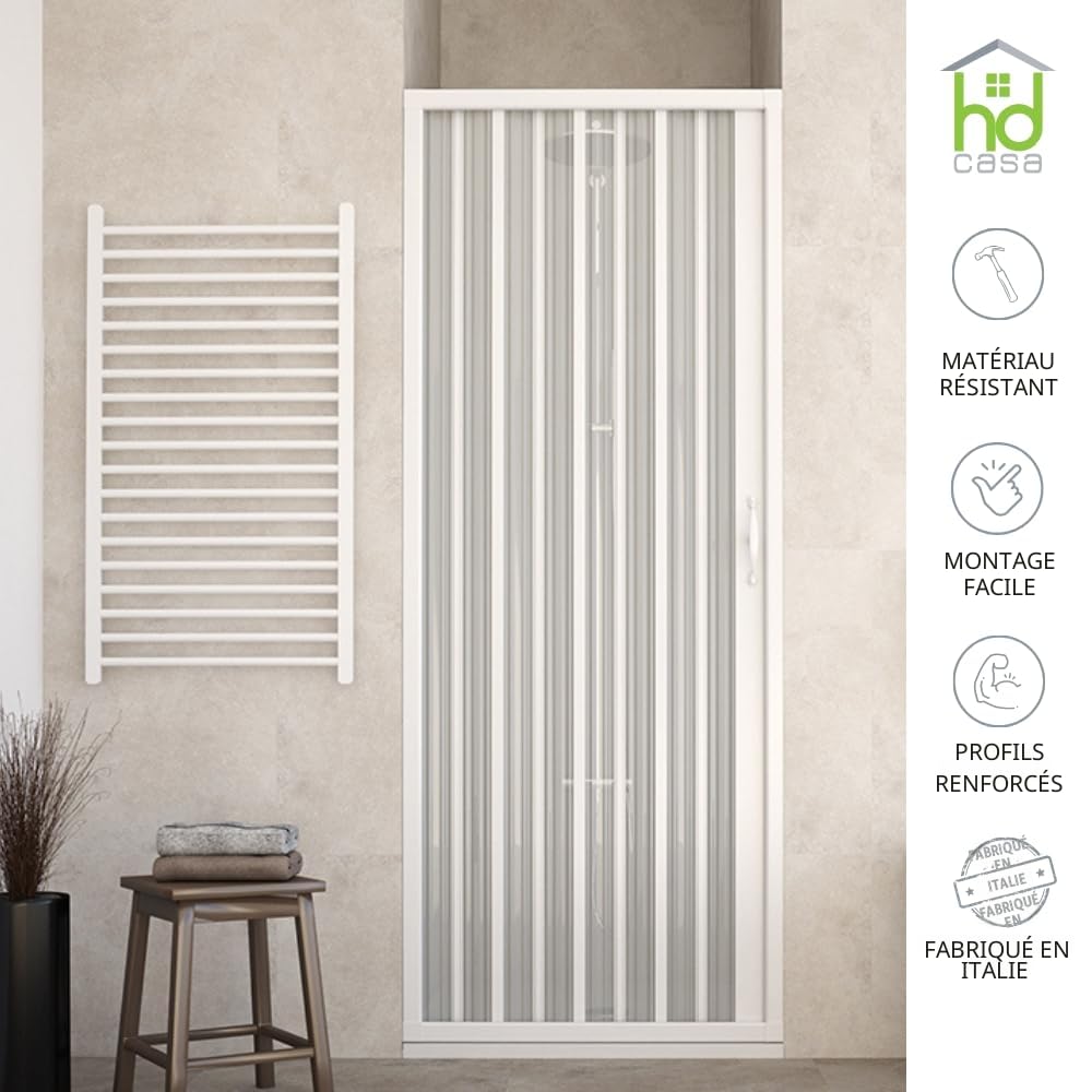 HDcasa Cabine de douche pliante en PVC, modèle Giada, porte extensible unique avec panneaux semi-transparents, ouverture latérale, gain place, blanche, fabriquée Italie, 100 cm