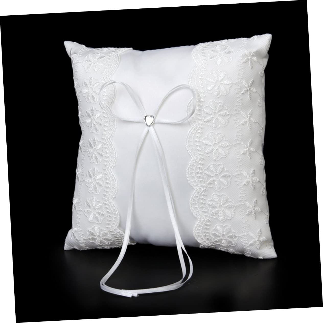 BRIGHTFUFU Elegant Ring Pillow Lace Rhinestone Heart 20x20cm Wedding Ring Pillow for Ceremony