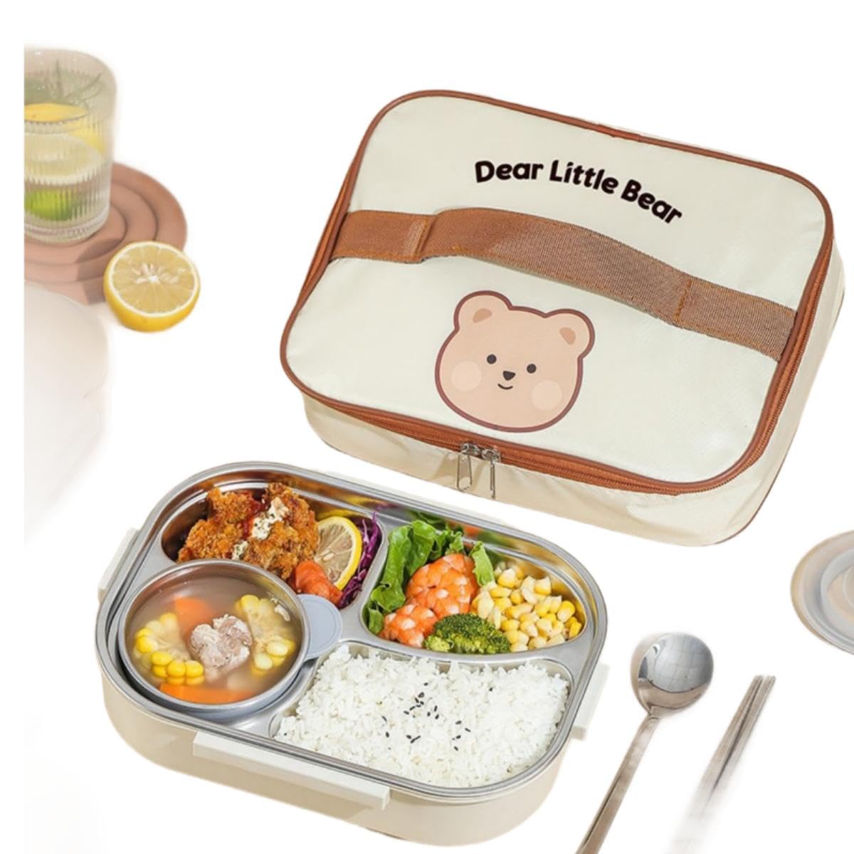LANMOU 1.5L Lunch Box Inox, Lunch Box Isotherme Repas Chaud Bento Lunch Box Micro Ondable Lunch Box Enfant Lunch Box Adulte Boite Repas Compartiment Bento Isotherme avec Sac Isotherme (4 grilles)
