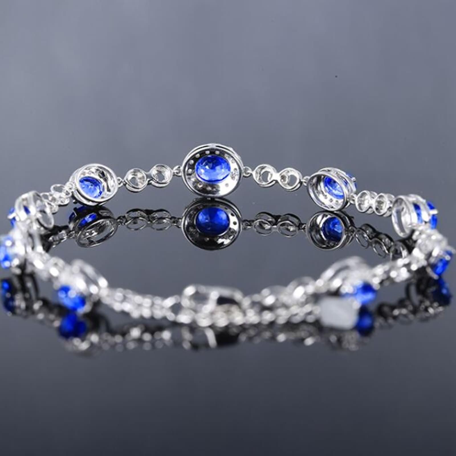 Donna Bracciali Catena Oro Bianco 9 K / 14 K / 18 K 750, Ovale con Zaffiro Creato da 4,22 ct e Moissanite, Regolabile 16 CM + 5 CM, Bracciali Catena Blu Argento Donna