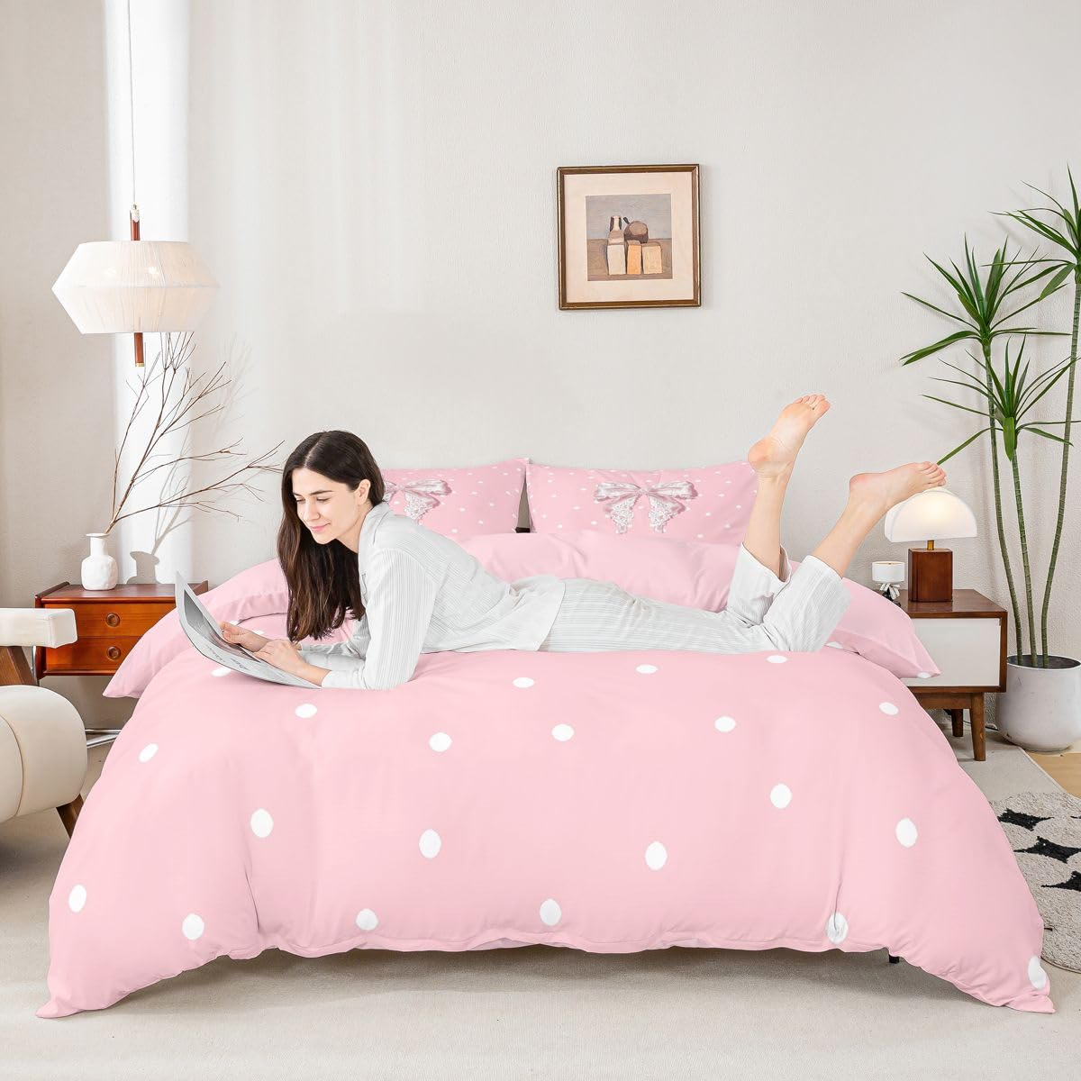 Homewish Y2K koronkowa kokarda podwójna pościel urocza kokarda poszewka na kołdrę zestaw preppy kropki poszewka na kołdrę słodka marzycielska księżniczka estetyczne zestawy łóżek