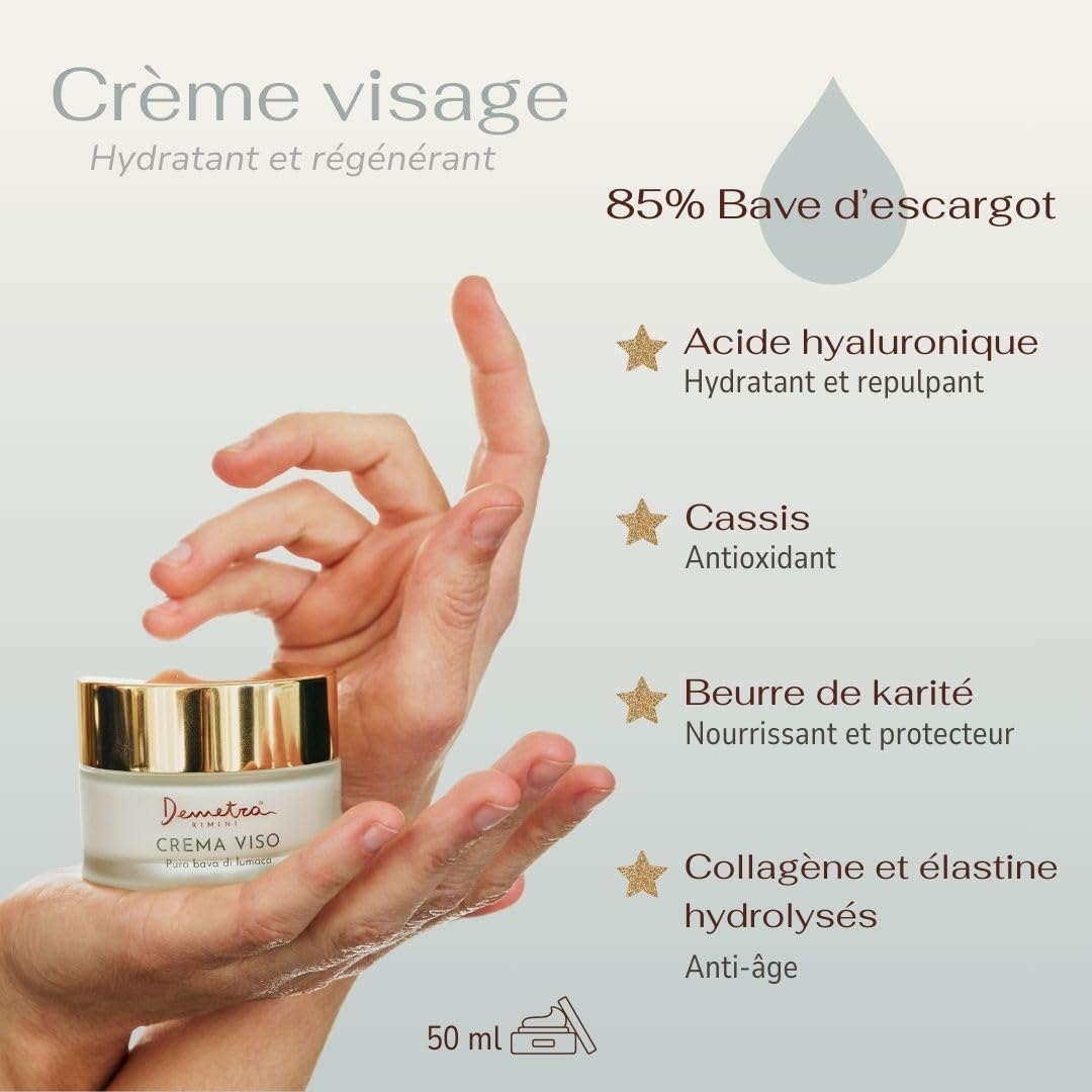 Demetra Crème Visage Régénérante à la Bave d’Escargot 85%, Acide Hyaluronique, Cassis Bio, Collagène et Élastine hydrolysés – 50 ml