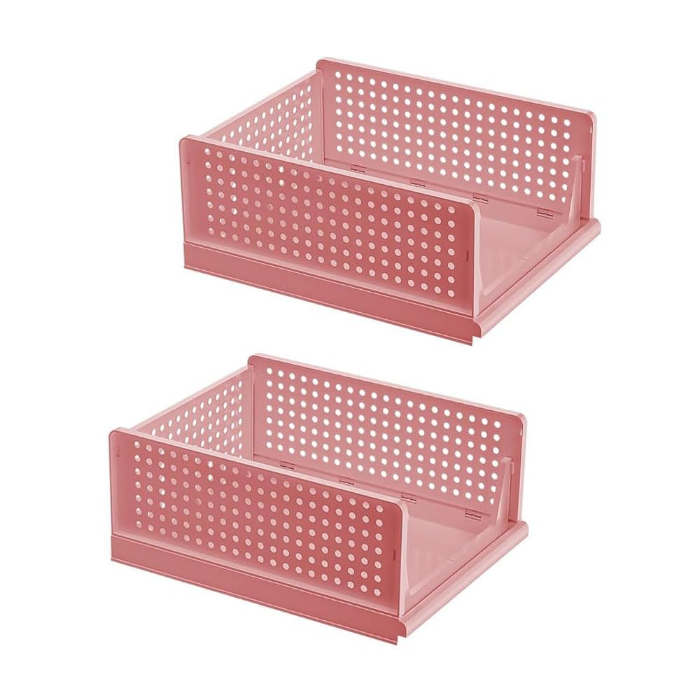 Aeetial Stackable Wardrobe Storage Organiser Plastic Closet Organizers and Storage Bins Drawer Organiser Collapsible Storage Boxes for Shelves 2Pack Shelf Storage Container (Pink)