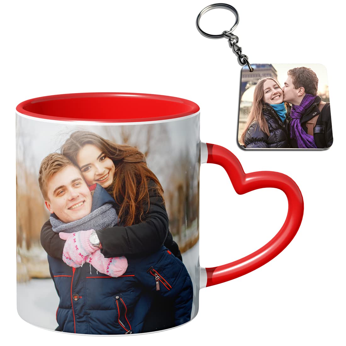 Ceramic Mug for Valentine's Day. for Wife, Husband, Boyfriend,Girlfriend - Red Heart Handle with Keychain 320 ml (Red)
