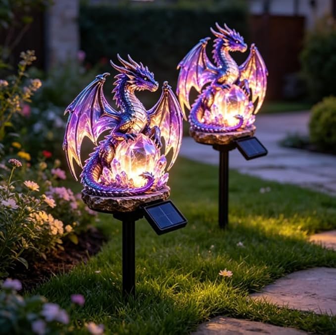 Solar Crystal Dragon Stake Mythical Resin Garden Decor，2PCS
