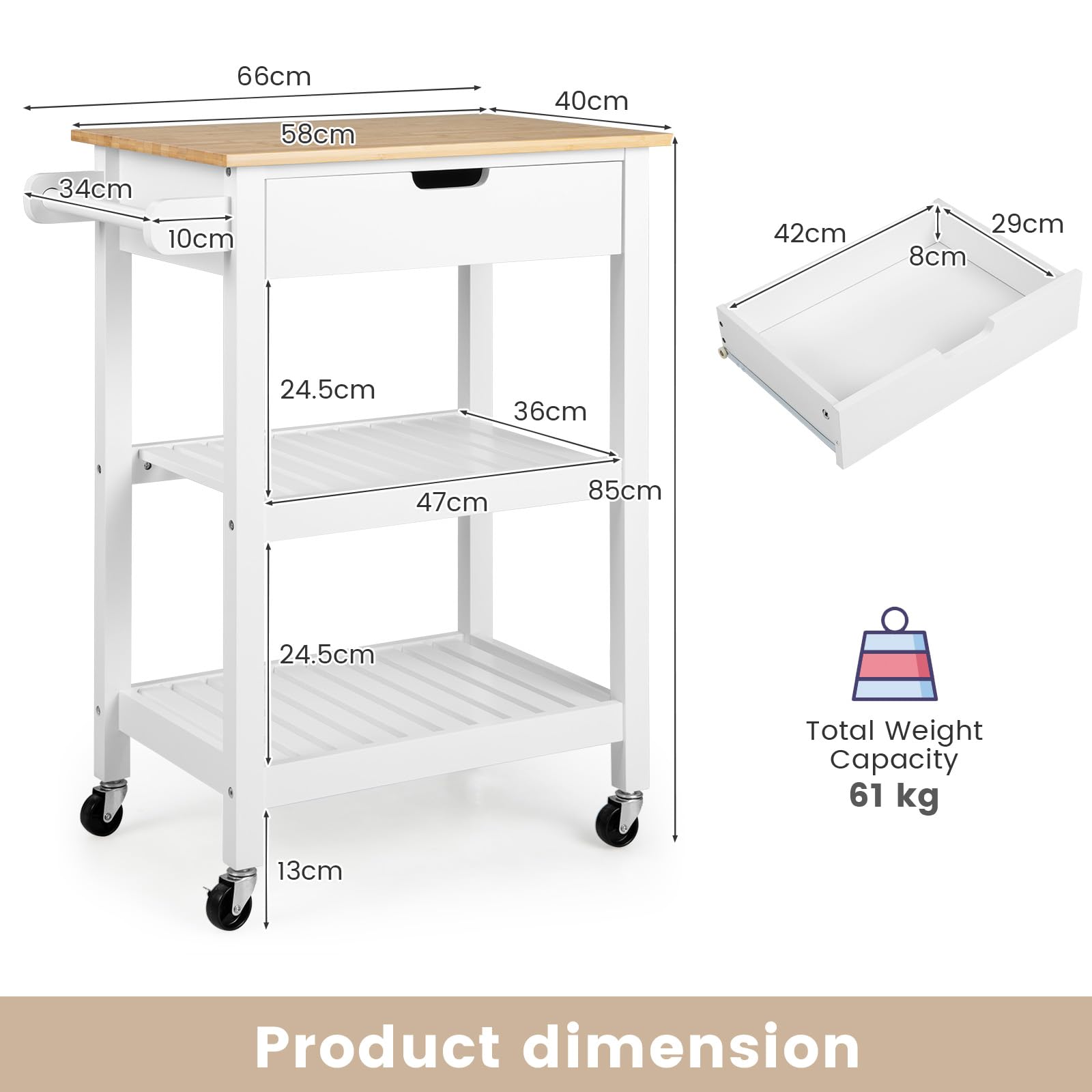 KOMFOTTEU Carrello da cucina in bambù e legno, carrello da portata su ruote, 66 x 40 x 85 cm, carrello da cucina con piano di lavoro, cassetto e 2 ripiani aperti, carrello portaoggetti (bianco)
