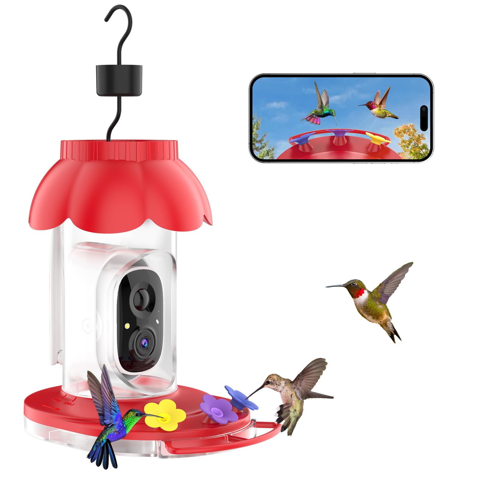 Smart Hummingbird Feeder with Camera Solar Powered, 2K Live View Humming Bird Watching Camera, AI Identify, Instant Notifications, Ant and Bee Proof, 3 Color Feeding Ports,Hanging on Porch Patio