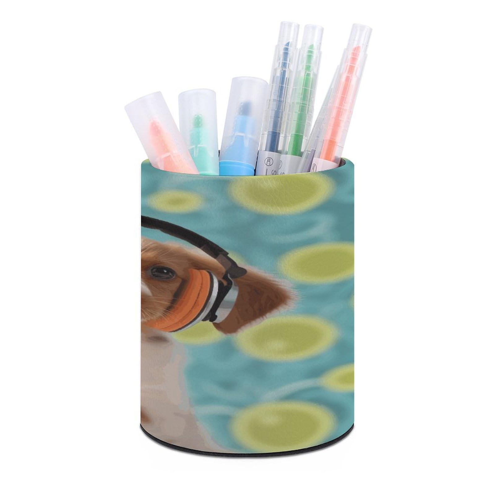 JTREHY Puppy with Headphones Pen Holder Round Pen Pencil Holder Makeup Brush Holders Cup PU Leather Pencil Cups Desktop Caddy Stationery Organizer Case Office Accessories Container Box