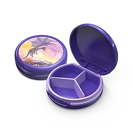 Serfeymi Small Pill Box - 3 Compartments Portable Pill Box for Purse Pocket, Compact Mini Travel Pill Case - Suitable for Medicine, Vitamin, Fish Oil, Supplements - Purple(Pterosaur)
