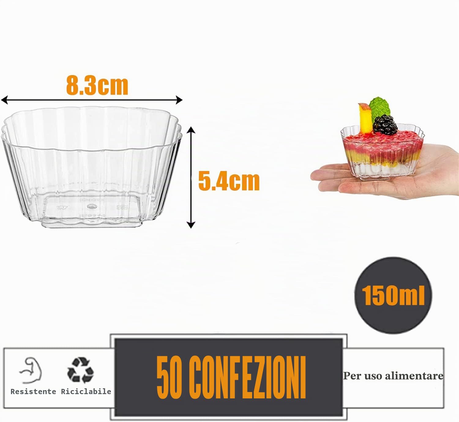 LATERN 50 Pezzi Tazze da Dessert in Plastica, 150ml Coppe da Dessert Quadrate Ripple Tazza di Antipasto Semifreddo Trasparente Ciotola da Portata Riutilizzabile per Mousse Budino Festa (8,3 x 6,3cm)