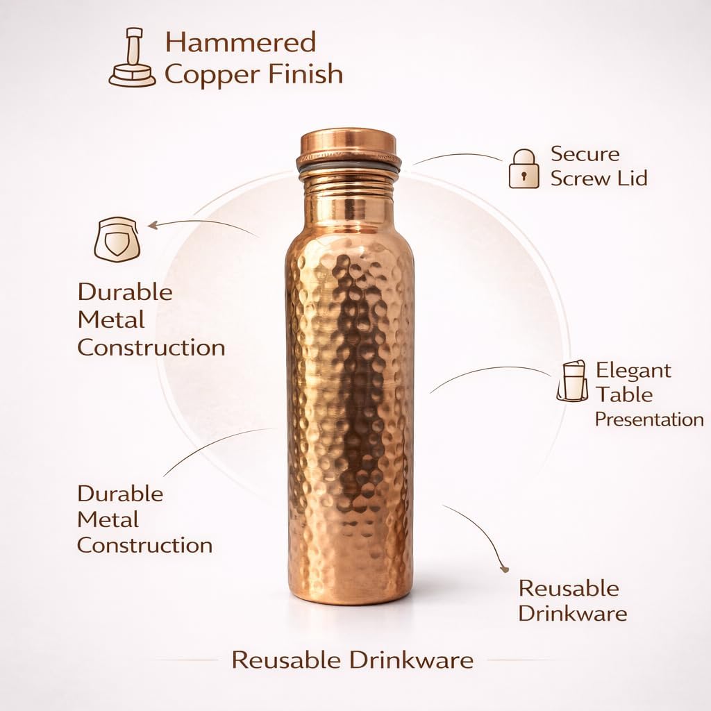 Handmade Hammered Copper Water Bottle, 100% Pure Copper, 34oz/1000ml Capacity, Leak Proof, Reusable for Running and Sports