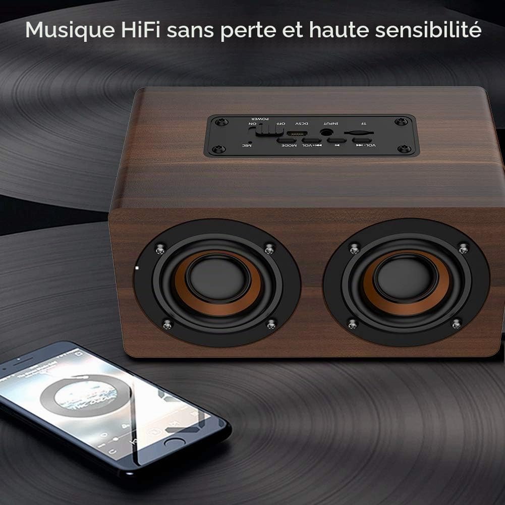 Vintage Radio Retro Bluetooth Speaker - Enceinte sans Fil Portable en Bois Bluetooth 4.2 avec Radio FM, réveil, Carte TF, Aux, Son Puissant et Caisson de Basses, pour la Maison en Plein air
