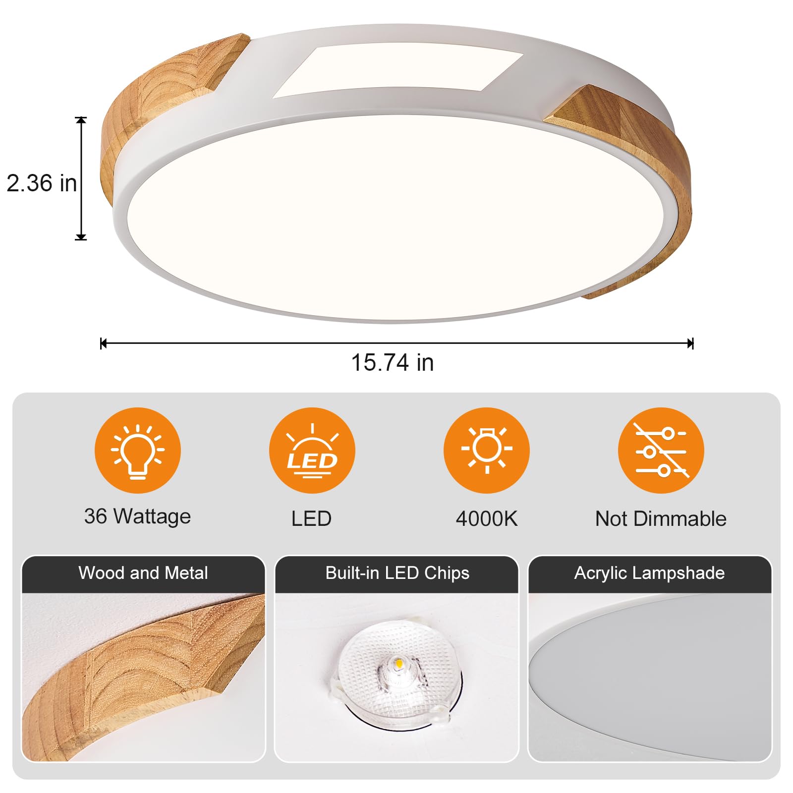 Plafoniera LED Legno, Moderna Plafoniera LED Soffitto Bianco, 40cm | Plafoniera da Soffitto Rotonda 36W 4000K, Lampadario LED Soffitto per Soggiorno, Camera da Letto, Cucina, Corridoio, Studio