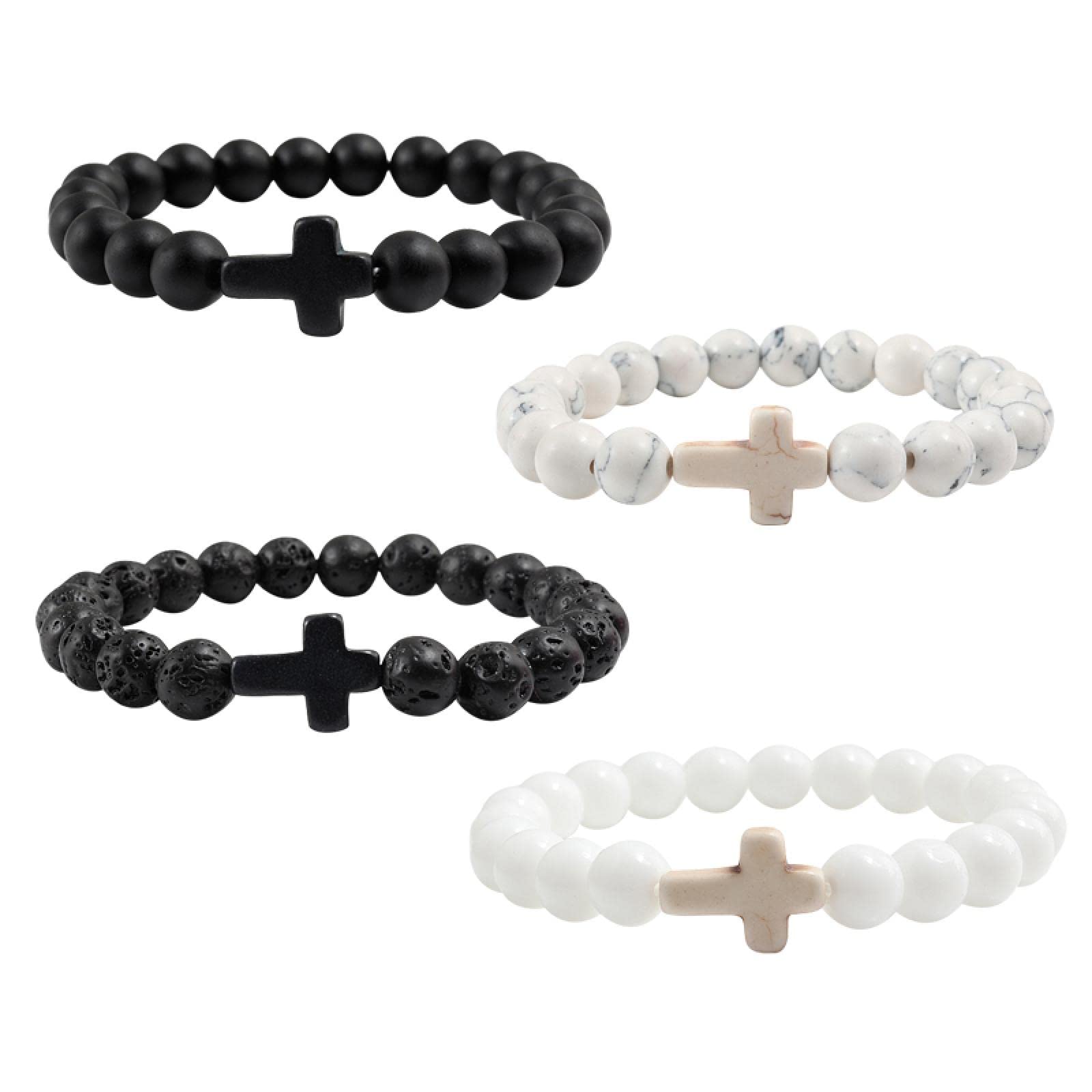 WZGWDC Armbänder Damen Damen Armband Mädchen Geschenk Charm Naturstein Kreuz Schwarz Lava Matte Perlen Handgemacht Männer Gebet Fitness Kette Paar