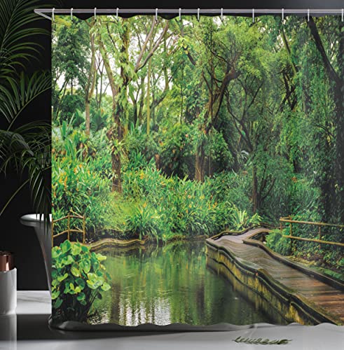 ABAKUHAUS Jungle Shower Curtain, Deep Forest with Wooden Pier and River Refreshing Exotic Nature Wild Image - Image 3