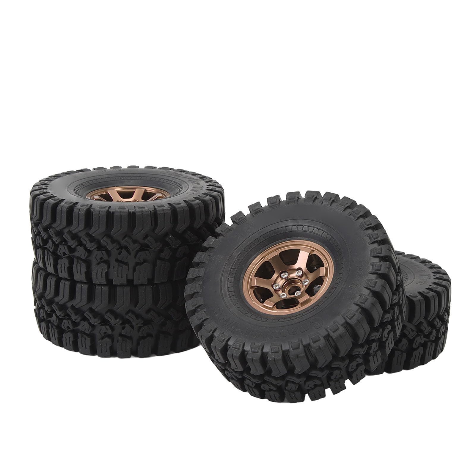 Baxnore 4 Pcs 1.9 Inch RC Crawler Tires with Aluminum Alloy Wheels Heavy Duty Rubber Off Road Tires for SCX10 RBX10 1/10 Scale RC Cars Replacement Parts (Copper)