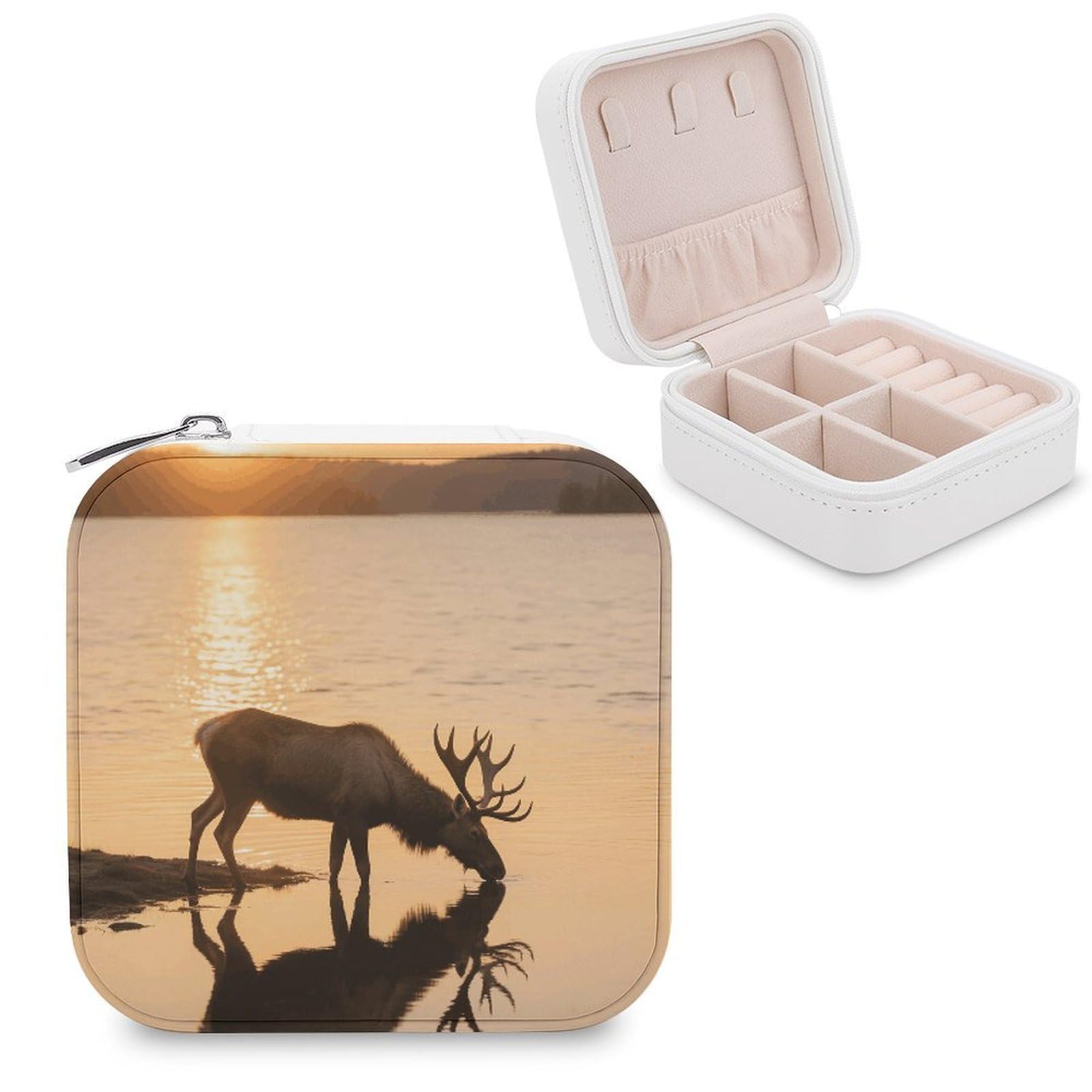VstaDank Landscape Moose in The River Jewelry Organizer Travel Case for Women With Zipper Mini Jewelry Case PU Leather Jewelrys Box for Rings Necklaces Bracelets Earring Holder Organizer Storage