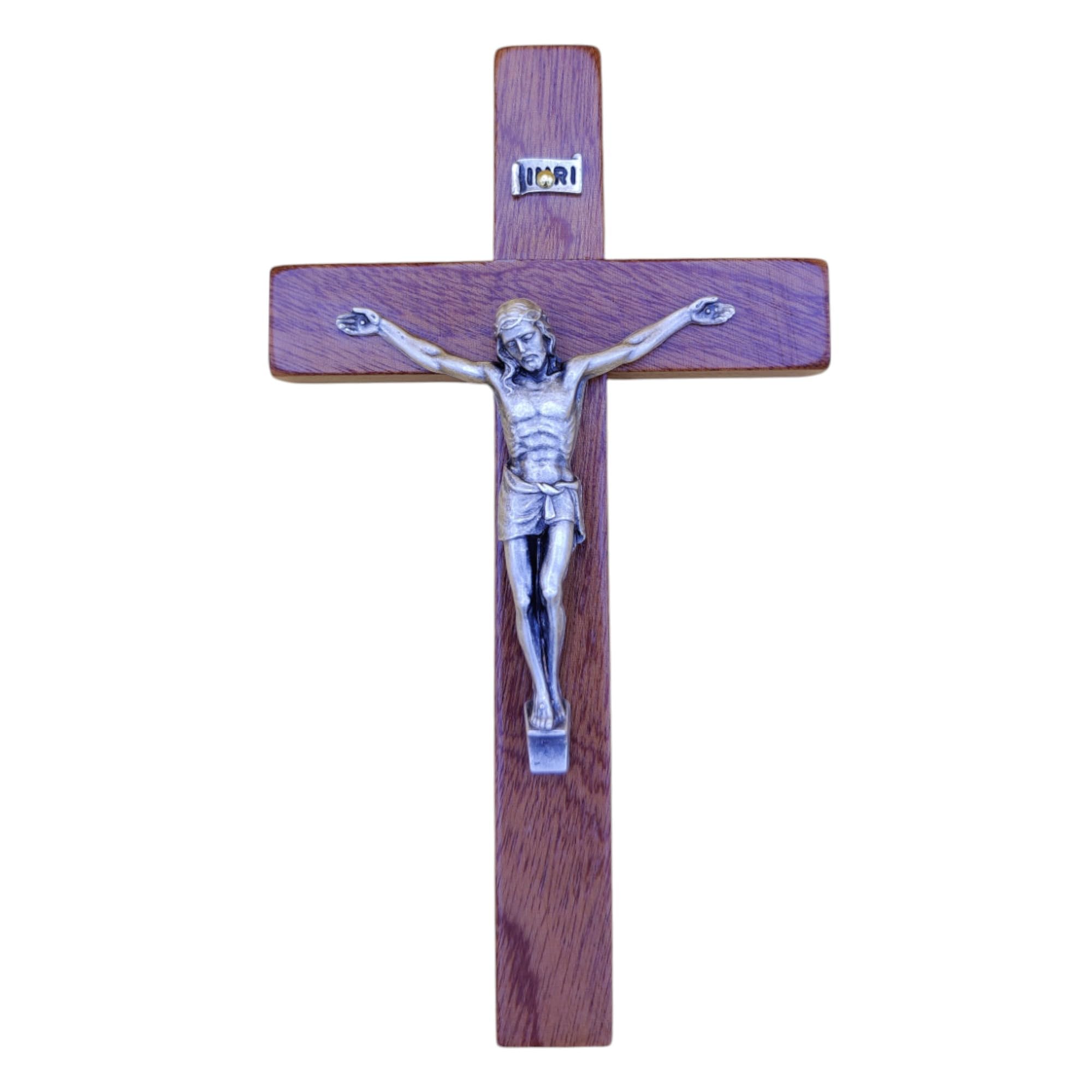Crucifijo de pared – Artesanal fabricado en Italia Cristo e INRI chapado en plata 999 – Crucifijos de pared de madera, madera preciosa de caoba – Cuidado y precisión de los detalles de Jesús – 16,5 x