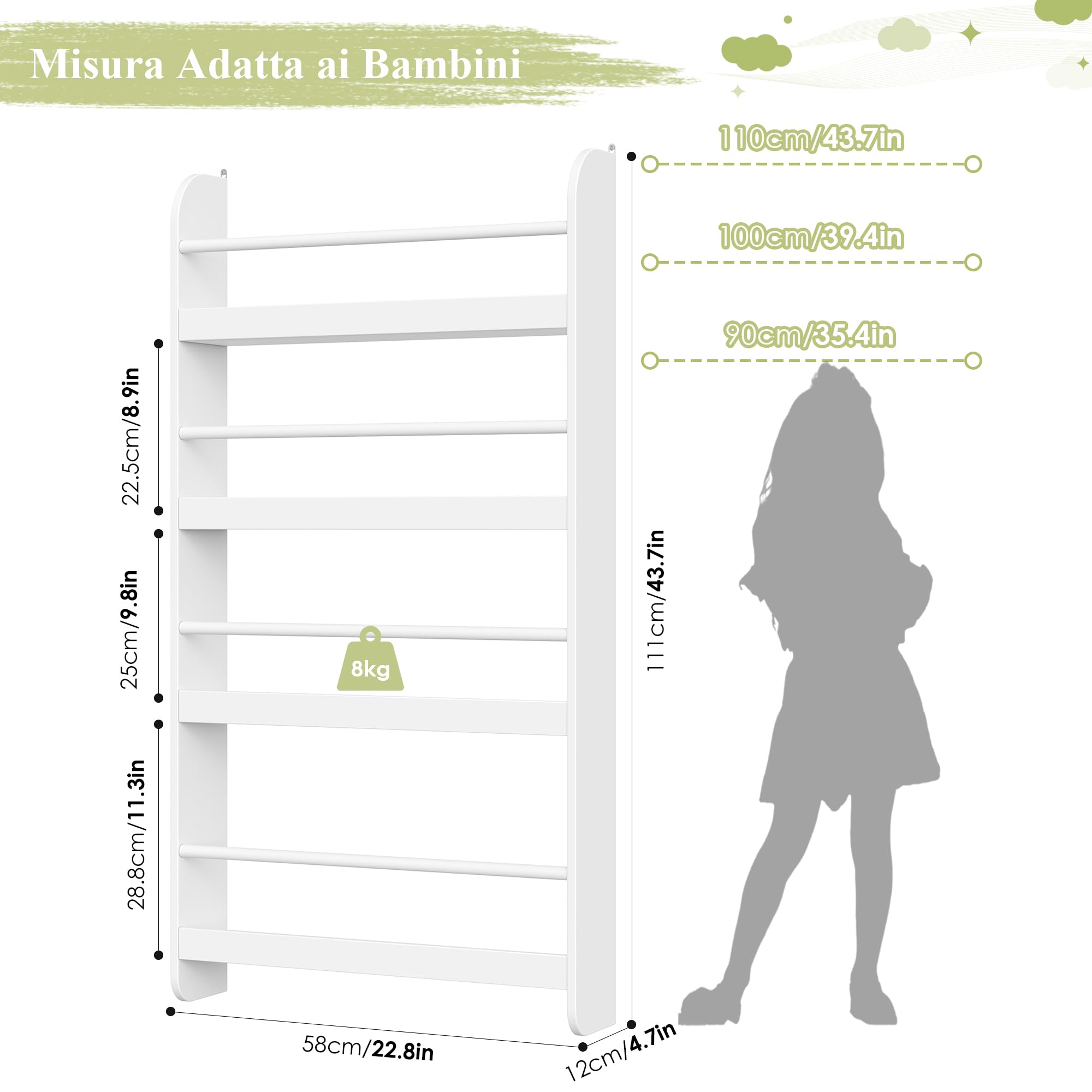 FOREHILL Libreria da Parete per Bambini,Libreria Montessoriana per Bambini,con 4 Scomparti Pensili,Scaffale Porta Libri a Muro per Cameretta e Stanza dei Giochi, Bianco 57×12×111,5cm