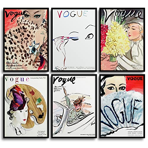 MONOKO® - Lot de 6 posters de salon - Qualité supérieure - Pour chambre à coucher - Ensemble de 6 tableaux muraux élégants - Sans cadre (Magazine, Vogue, vintage, mode, 6 x A4) - 21 x 29,7 cm Cover