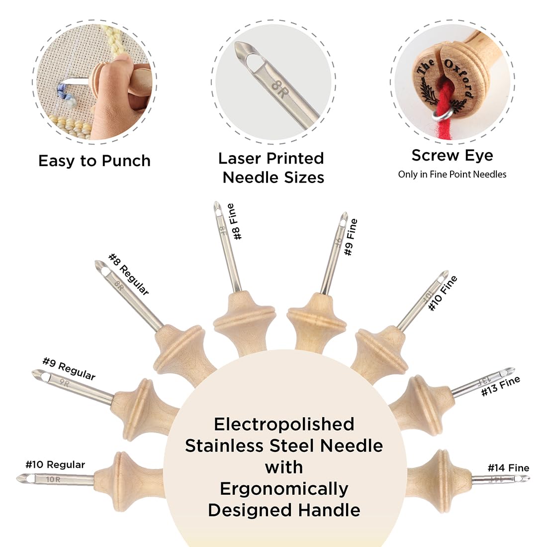 The Oxford Punch Needle Komplettes Set – 8 Größen, ergonomisch geformter Naturholzgriff, elektropolierte Stahlspitze, ideal für Stanznadeln, Teppichhaken