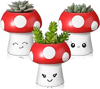 Leinuosen 3 Pack Mushroom Planter Cute Small Succulent Plant Pot for Indoor Plants with Drainage Mushroom Kitchen Decor Funny Mini Smiling Face Cactus Flower Pot for Living Room Table Accessories