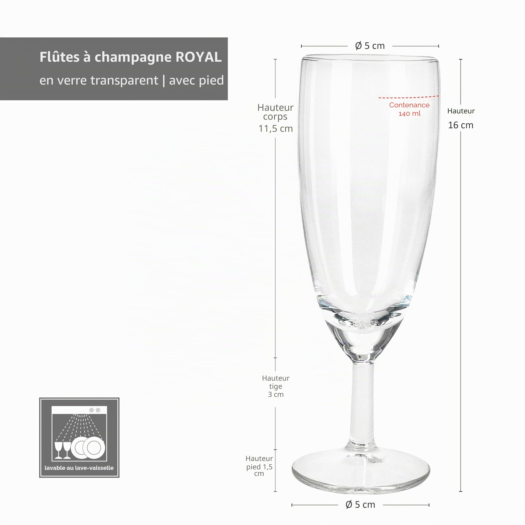 MamboCat Lot de 120 flûtes à champagne Royal - 140 ml - Hauteur 16 cm - Flûte à champagne moderne et transparente avec pied - Flûte à champagne pour prosecco, champagne, etc. - Verres transparents