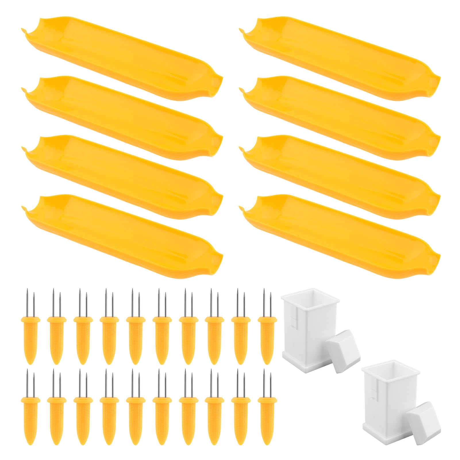 Juego de 30 soportes y platos para mazorcas de maíz, soportes para mazorcas de maíz y kits de esparcidor de mantequilla, incluye 20 soportes para mazorcas de maíz, 8 platos de maíz y 2 esparcidores de
