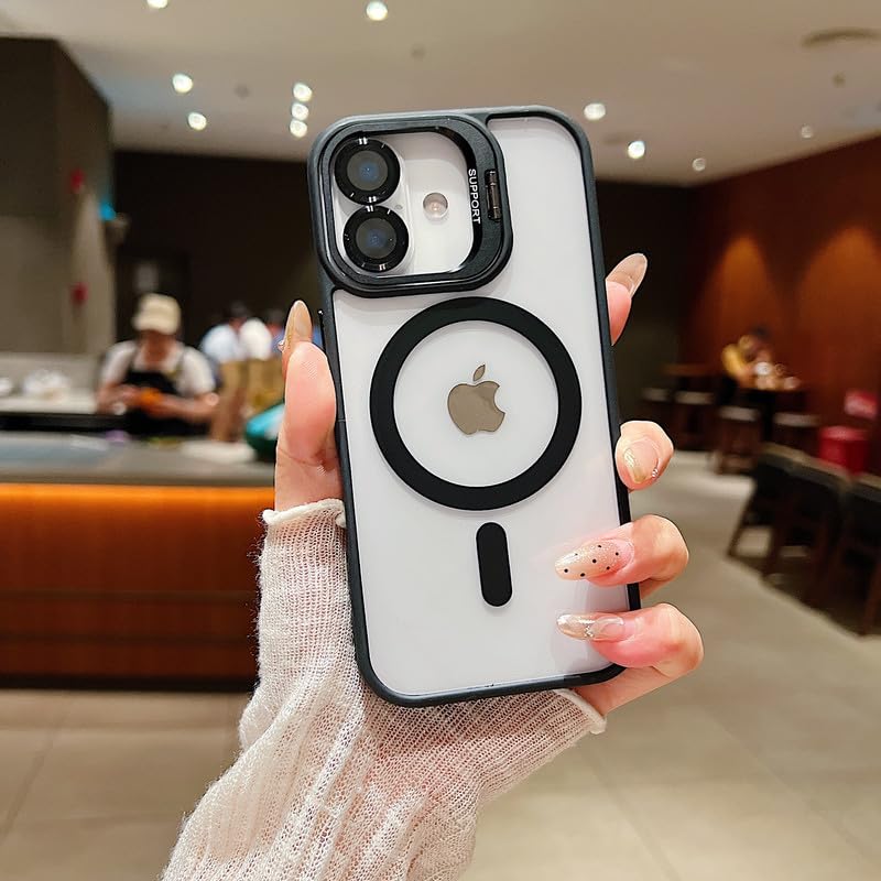 Image of LuxuryKase Clear Case Compatible with MagSafe for iPhone 17 | Shockproof Transparent Cover with Camera Lens Protection | Metal Ring Stand & Wireless Charging Support - Black