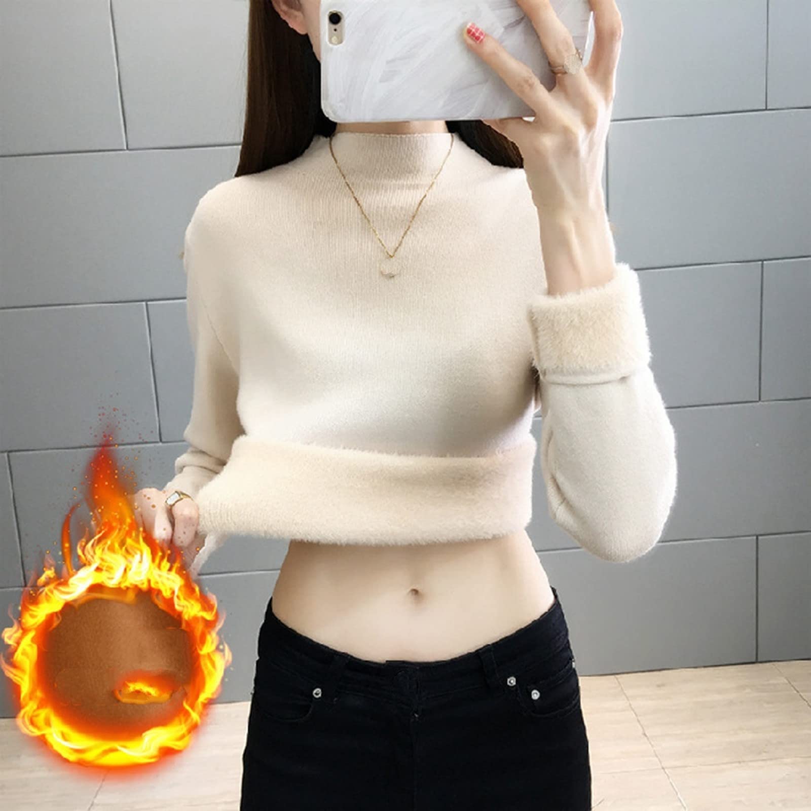 Suéter De Invierno Para Mujer - Mujeres De Invierno Medio Cuello Alto Más Suéter Grueso De Terciopelo Moda Albaricoque Suéter De Punto Cálido Estiramiento Suave Slim Fit Casual Manga Larga Reg