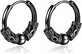 Dragon Hoop Earrings for Men Women Stainless Steel Black Huggie Dragon Pattern Earring Hinged Hoop Vintage Punk Jewelry