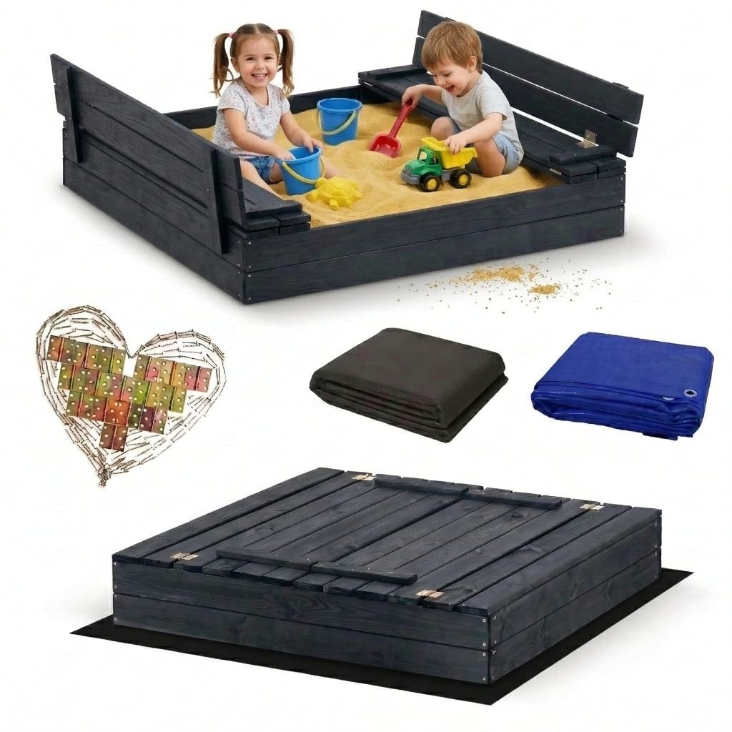 Premium Massivholz Sandkasten Imprägniert mit Sitzbänken & Deckel Anthrazit Grau inkl. Sandkastenvlies & Abdeckplane Sandkiste (Antrazit, 120 x120 cm)