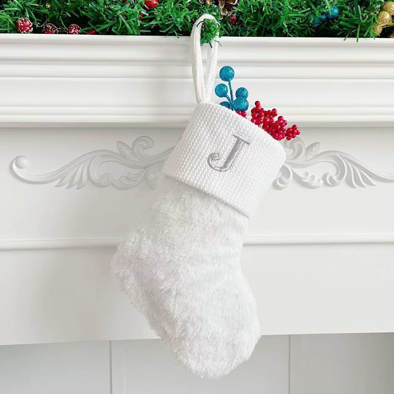 Initial Letter Christmas Stocking White Snowflake Knitted Christmas Tree Stockings Decorative Sock Hanging Ornament for Mantel Fireplace (White J, 10inch)