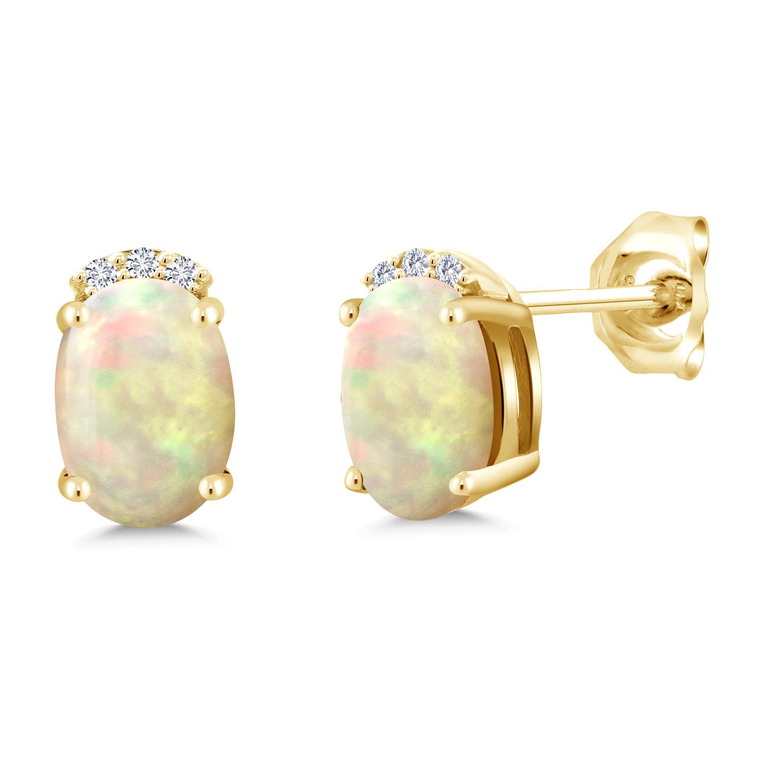 Gem Stone King 1.08 Ct Oval Cabochon White Ethiopian Opal G-H Lab Grown Diamond 18K Yellow Gold Plated Silver Earrings