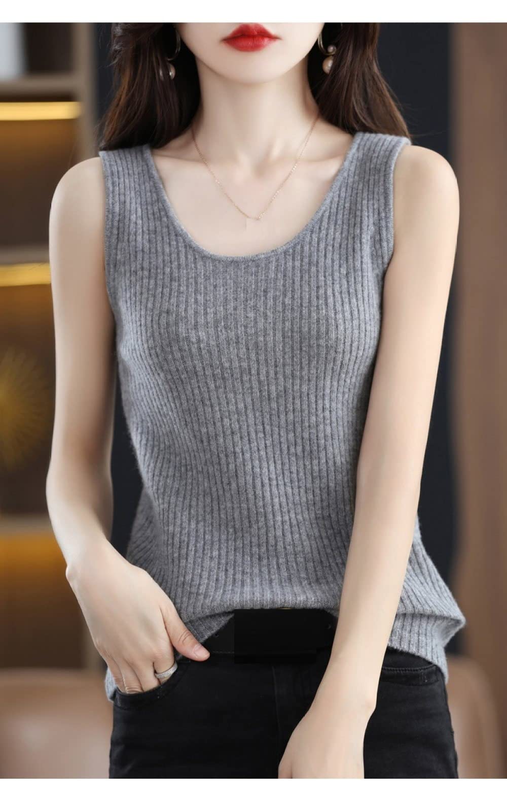 Canottiera Donna Cotone,Canotta Modellante Da Donna Tinta Unita Grigia Maglia A Costine Lana Calda Canotta Corsetto Casual Canotta Sottile Canotta Termica Intimo Camicia Modellante Con Cinturino Top