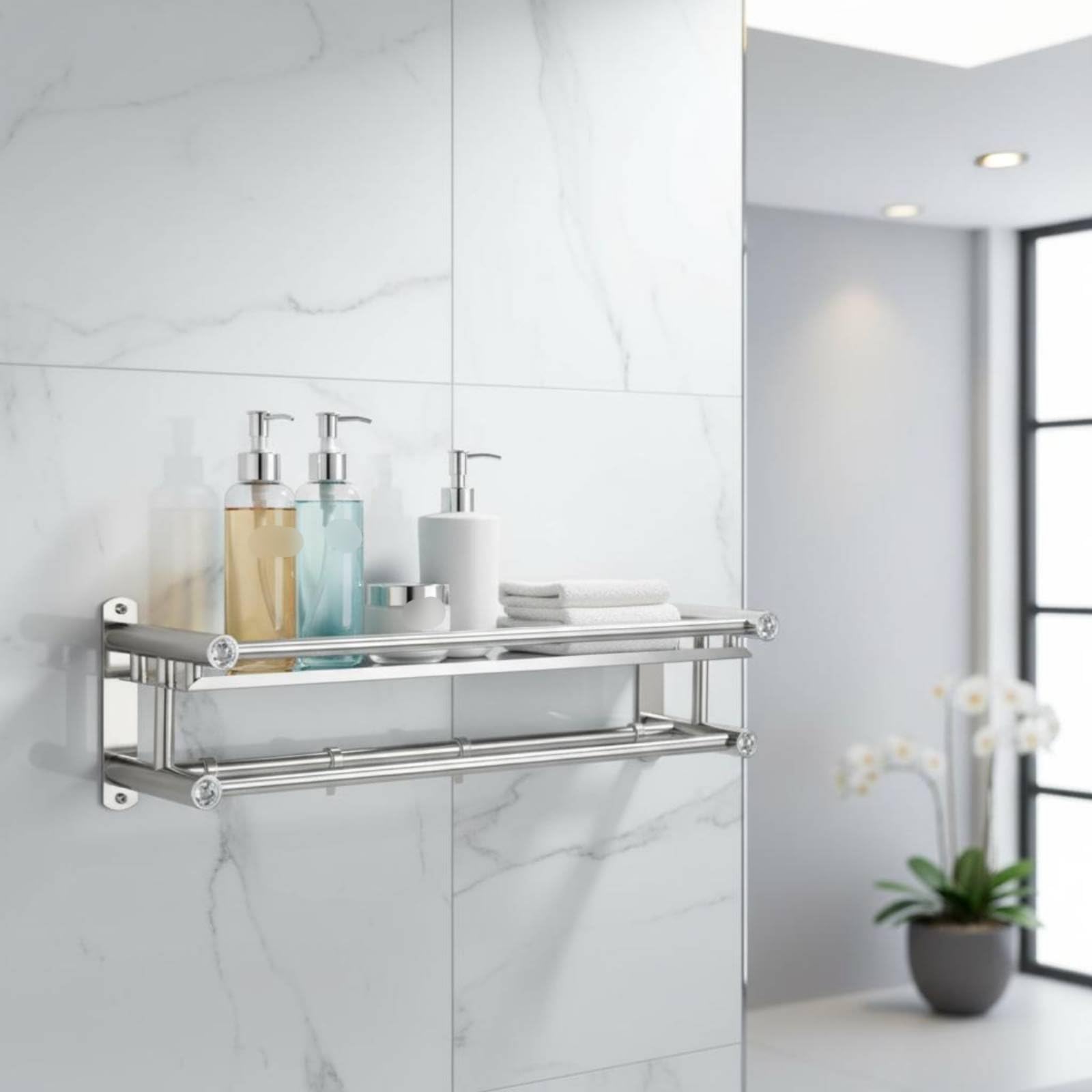 Repisas de Baño Adhesivas Montaje en Pared Organizador de Ducha Ahorra Espacio Estante Acero Inoxidable, 50cm