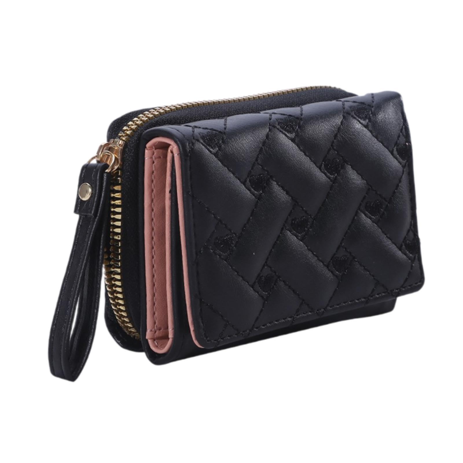 Small Wallet PU Leather Zipper Closure Heart Embroidered Trifold Card Wallet Black-image-40