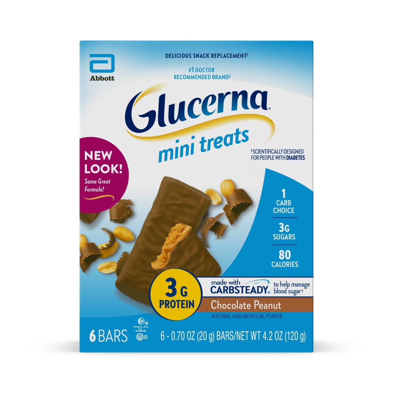 Glucerna Mini Treats, Diabetic Snack Replacement to Support Blood Sugar Management, 80 Calories, Chocolate Peanut, 6-Bar Pack, 36 Count