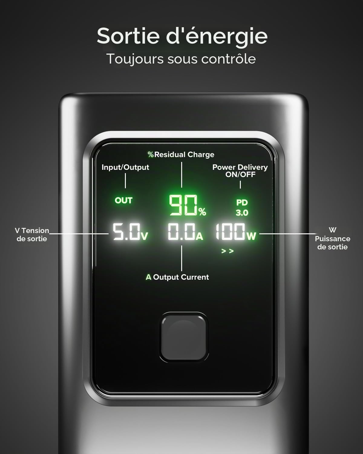 SBS LCD Powerbank 100W, 20000mAh, Power Delivery (3.0 PPS), AFC | Batterie Externe avec Charge Rapide, Écran LCD Avancé, USB-C, USB-A, Chargeur de Voyage Portable, Design Compact, Gris