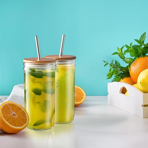 Miniatura 6 de DAYYET Juego de vasos de vidrio, vasos de 24 onzas con tapas de madera de acacia, popotes y tapas herméticas, tazas de café helado de boca ancha,