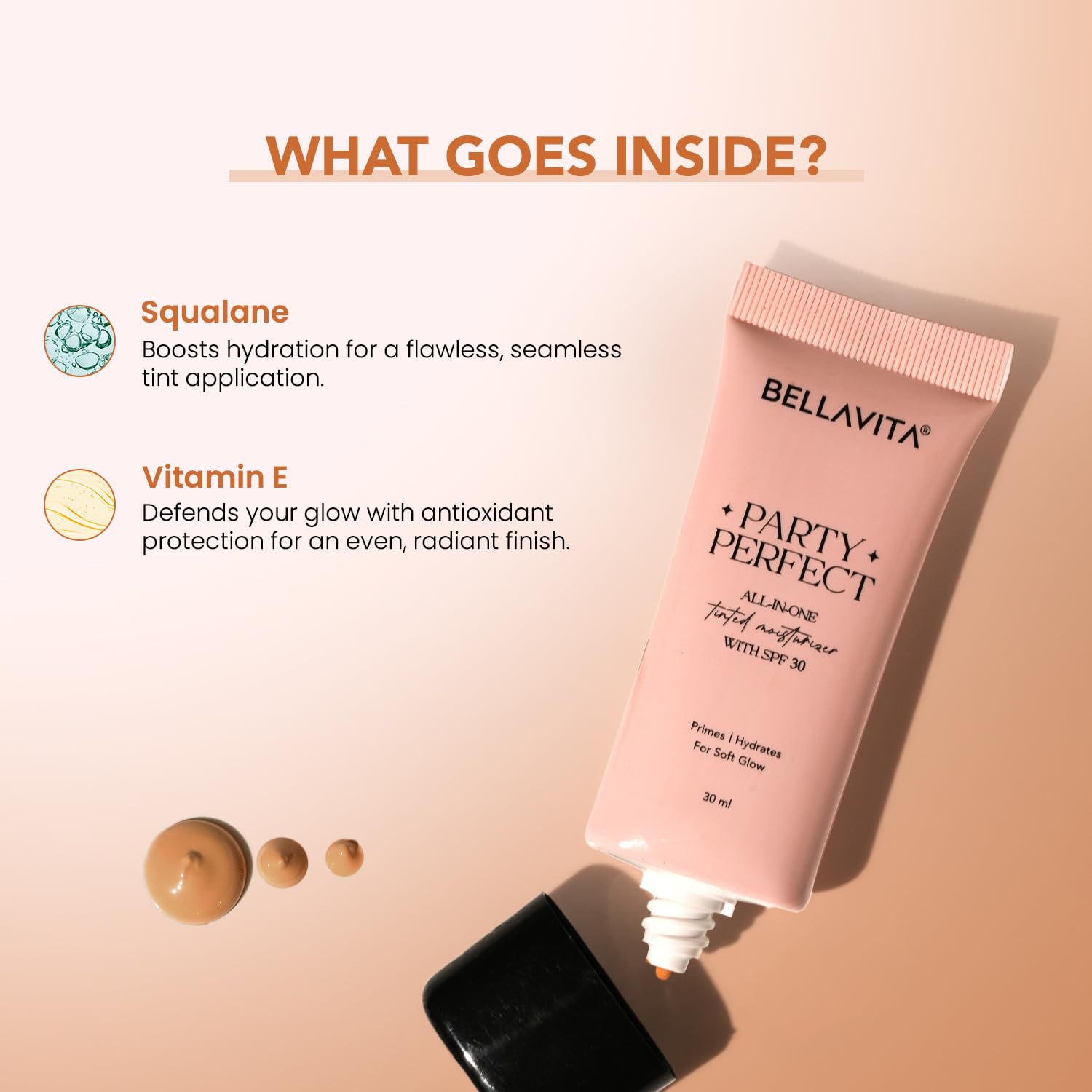 BELLAVITA Party Perfect All-in-one Tinted Moisturizer with SPF 30 | Hydrating Skin Tint, Face Primer & Sunscreen | Lightweight Formula with Adaptive Tint for Natural, Dewy Glow | 30ml (Medium Shade) - Image 7 thumbnail